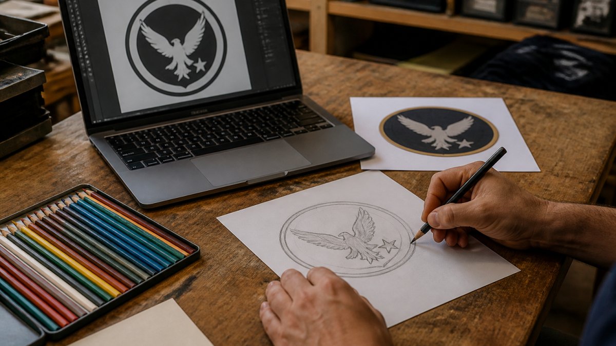Step-by-step process of designing custom unit patch artwork from initial pencil sketches to digital vector files