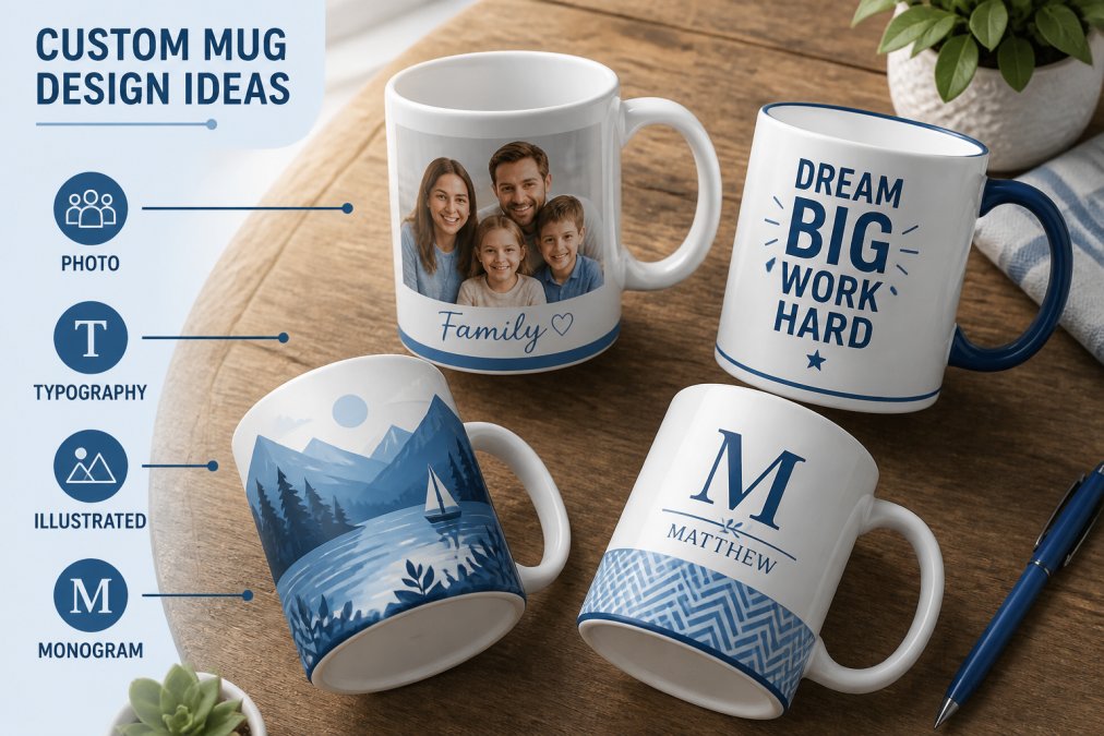 Flat lay of several custom ceramic coffee mugs on a rustic wooden table, each showing a different personalised design including a family photo, a bold typographic slogan, and a colourful wrap-around illustrated pattern, photographed in warm natural window light