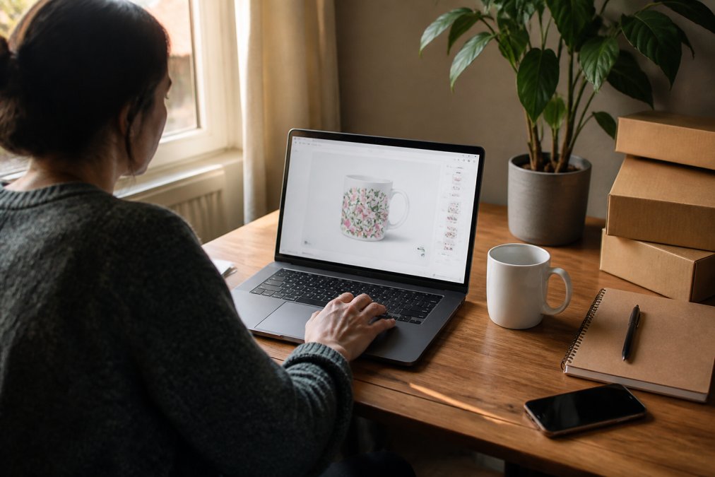 Person sitting at a home desk in soft afternoon light, using a laptop to design a personalised mug on a print-on-demand website, with a plain white ceramic mug placed beside the keyboard as a size reference