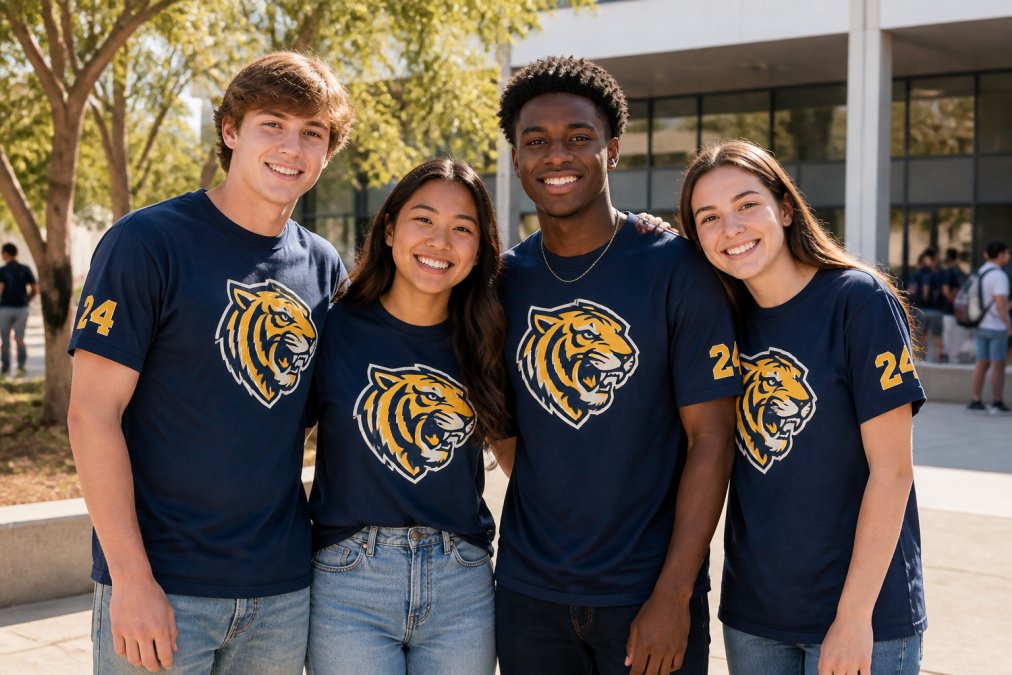 Group of students wearing custom school spirit shirts with bold mascot logos in school colors, graduation year printed on sleeve, diverse group standing together outdoors in natural lighting