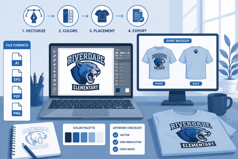Designer's workspace with laptop displaying vectorized school mascot logo in bright colors, color palette swatches nearby, design mockup showing shirt placement on monitor screen with natural window lighting