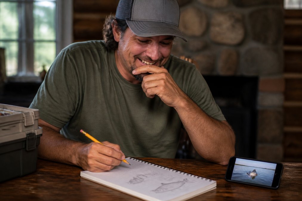 A person sitting at a wooden table with a sketchbook, pencil, and a photo of a fishing trip on a smartphone, looking thoughtful and smiling as they plan a design