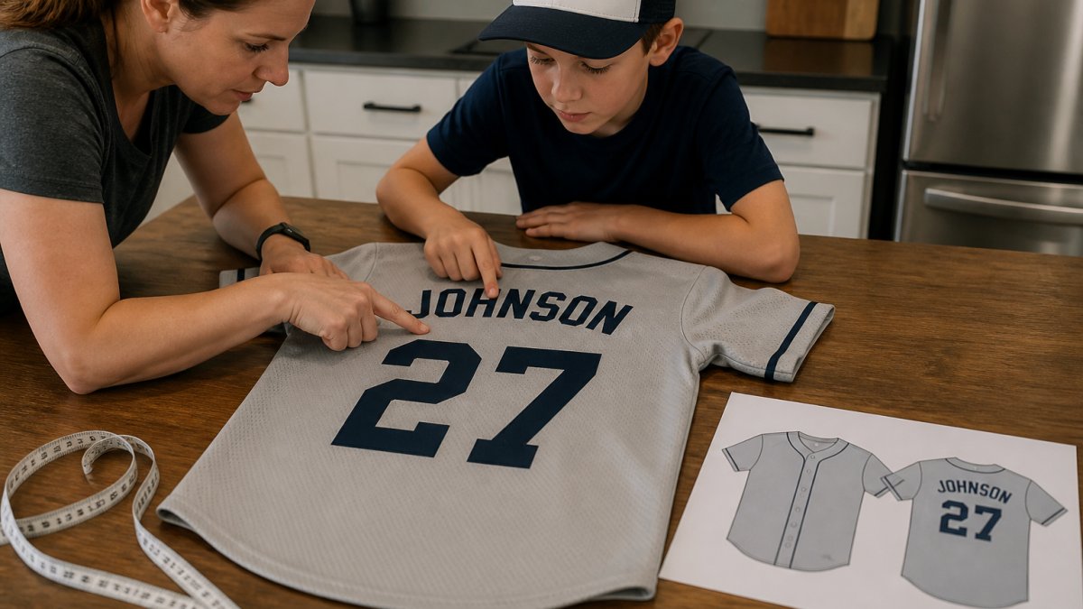 A parent and a young athlete laying a printed youth baseball jersey flat on a kitchen table, pointing at the last name and number on the back, with a fabric tape measure and a printed design proof sheet nearby