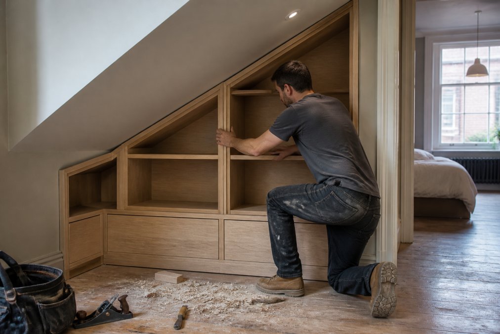 A professional joiner fitting a custom-built storage unit into an awkward alcove under a sloped ceiling in a stylish apartment, with tools and wood shavings nearby