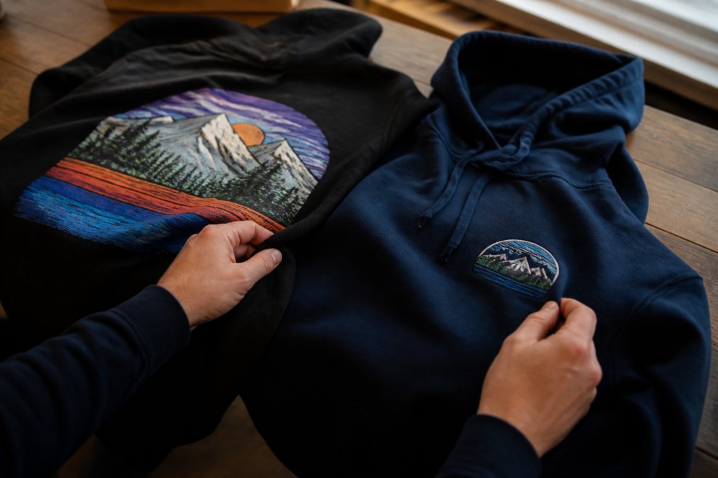 Close-up of two hands on a wooden table comparing a screen printed hoodie with a vibrant back graphic next to an embroidered hoodie with a stitched chest logo, lit by soft natural window light