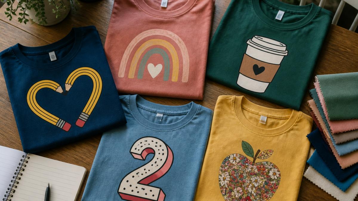 Flat lay of several colorful custom teacher t-shirts on a wooden table, each showing a different design theme like a rainbow, a coffee cup, and a grade-level number, with a notebook and fabric swatches nearby