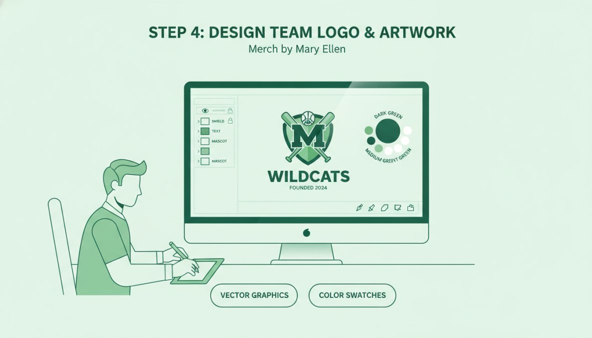 Graphic designer working at computer screen showing custom team logo design with vector graphics, color swatches, and design layers visible on dual monitors in bright office lighting