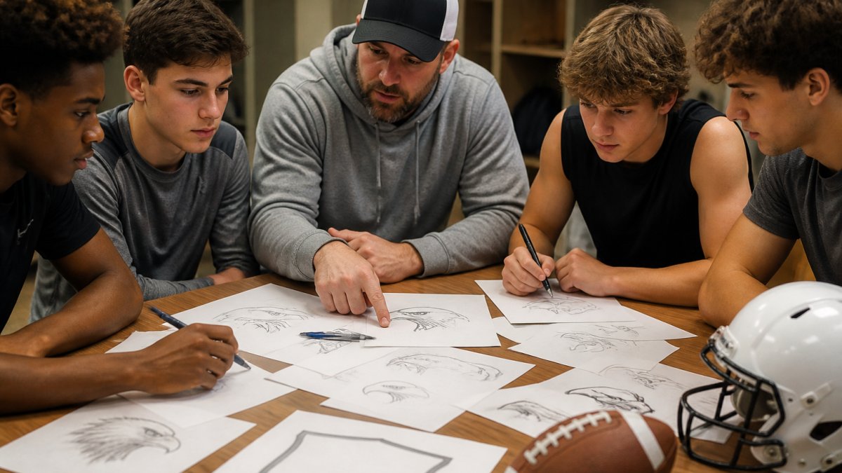 Coach and team members gathered around sketches and design drafts on a wooden table, discussing logo concepts and mascot ideas under warm office lighting
