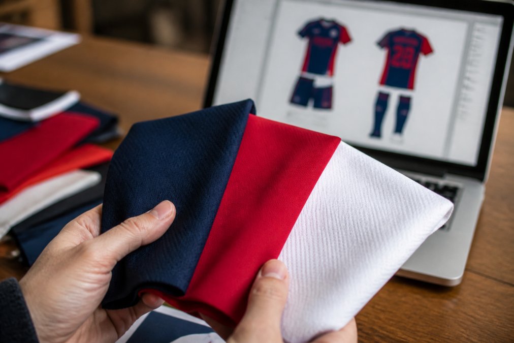 Close-up of a person's hands holding fabric swatches in navy, red, and white team colors, with a laptop showing a uniform design mockup blurred in the background on a wooden desk