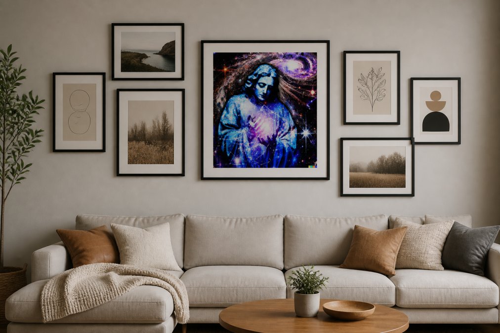 Modern living room with carefully arranged gallery wall featuring framed prints in various sizes, creating visual balance with intentional spacing and focal point