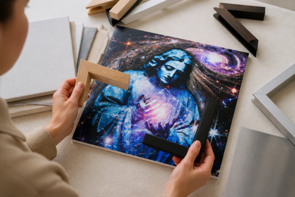 Close-up of hands selecting and comparing different frame materials and styles, with canvas samples, metal prints, and wooden frames arranged on a work surface with natural lighting