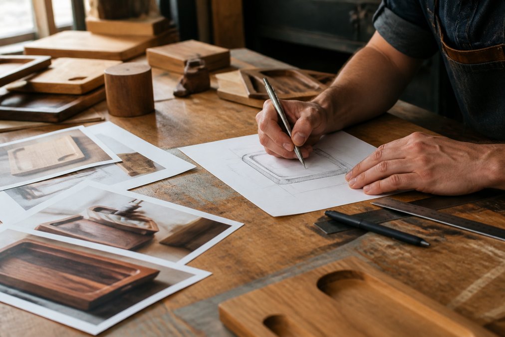 Woodworker's hands sketching a custom wood accessory design on paper with mechanical pencil, ruler, and reference photographs of finished pieces spread across a wooden workbench with natural afternoon light