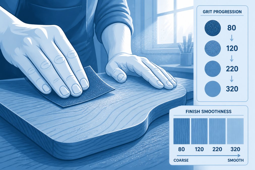 Close-up of hands using fine-grit sandpaper on a wooden piece, showing visible wood grain texture and fine dust particles catching warm workshop lighting from a side window