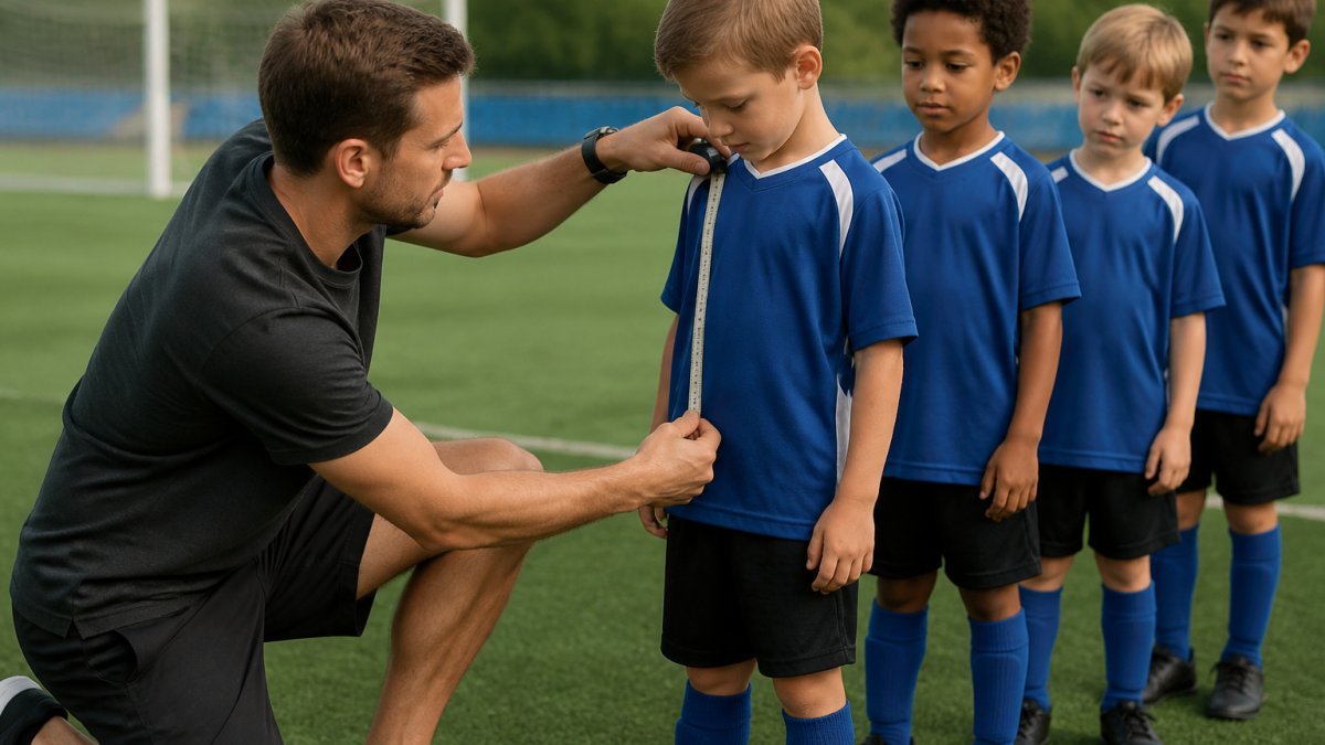 A coach kneeling beside a young athlete on a field, holding a measuring tape against the player's shoulder and chest to check jersey fit, with other kids in practice gear waiting nearby