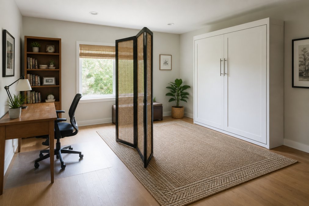 A bright modern room divided into two zones: a home office with a wooden desk and bookshelf on one side, and a sleeping area with a closed white Murphy bed cabinet on the other, separated by a large area rug and a freestanding room divider screen