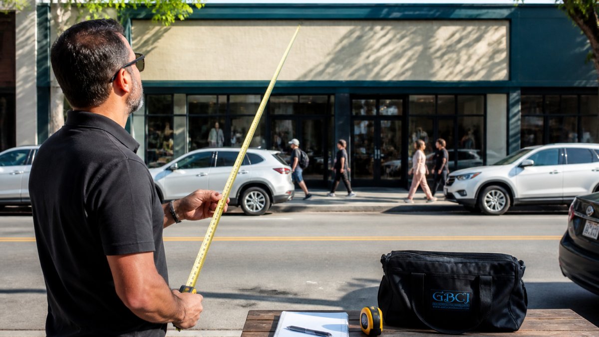 A small business owner standing on a sidewalk across the street from a storefront, holding a tape measure and looking up at the sign, with passing pedestrians and parked cars in the background