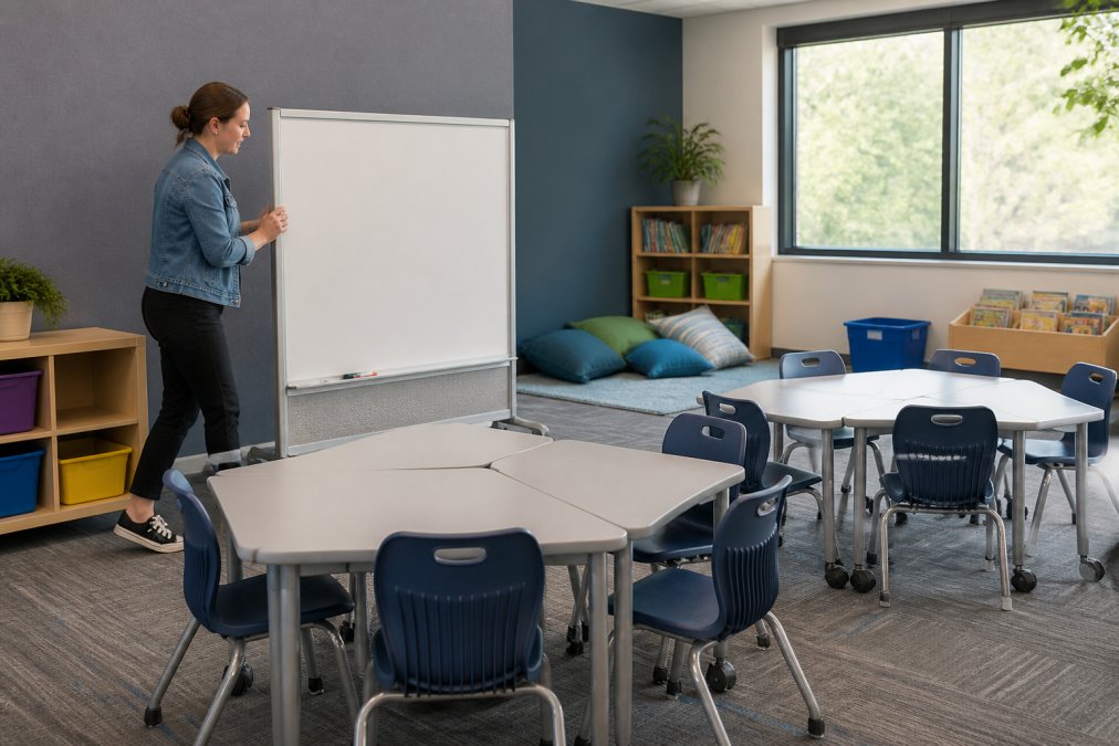 A bright primary school classroom with lightweight stackable chairs and wheeled trapezoid tables arranged in small clusters, a teacher guiding a mobile whiteboard into position near a reading corner with floor cushions