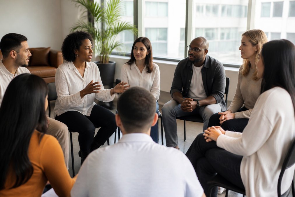 A diverse group of employees in a circle engaging in inclusive team building in a bright modern conference room.