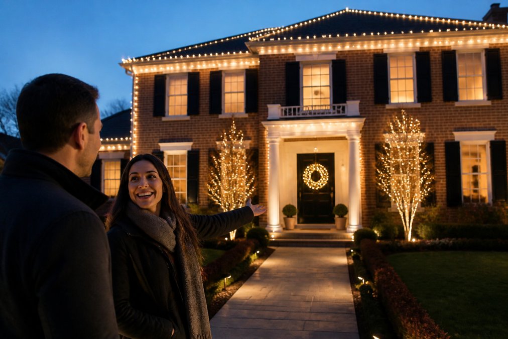 A two-story home at dusk with warm white LED lights tracing the roofline and eaves, lit trees flanking the front door in a symmetrical arrangement, and a wreath on the door, photographed from the front yard