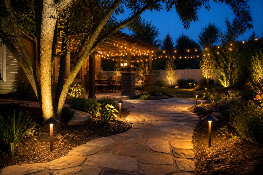 A professionally installed patio at dusk with warm LED path lights lining a stone walkway, subtle uplighting on a nearby tree, and string lights overhead creating a layered glow