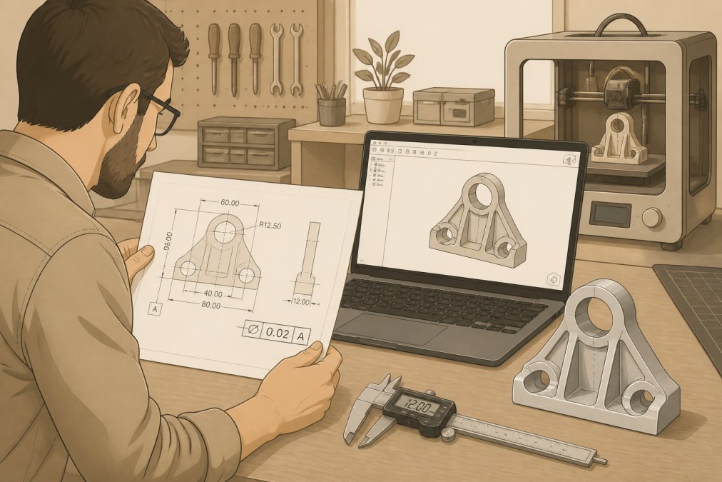 A designer at a workbench in a home fabrication shop reviewing a printed technical drawing next to a caliper, a laptop showing CAD model geometry, and a finished machined aluminum bracket, with a 3D printer running softly in the background