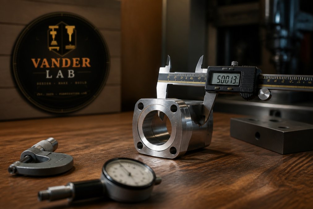 Close-up of a precision CNC-machined metal part with calipers and measuring tools positioned to show dimensional accuracy and tight tolerances in action, with sharp focus on the measurement contact points and part surface