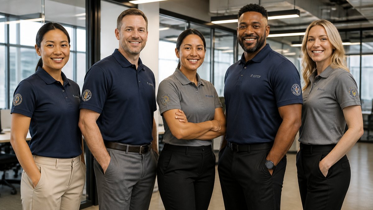 Infographic showing how to design professional company uniforms with logo placement and fit options.