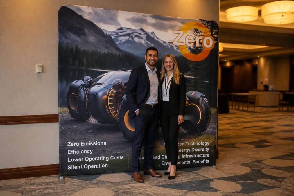 A branded step and repeat media wall with repeating logos arranged in a diagonal grid pattern at a corporate conference, two professionals posing in front of it under warm overhead event lighting in a ballroom setting