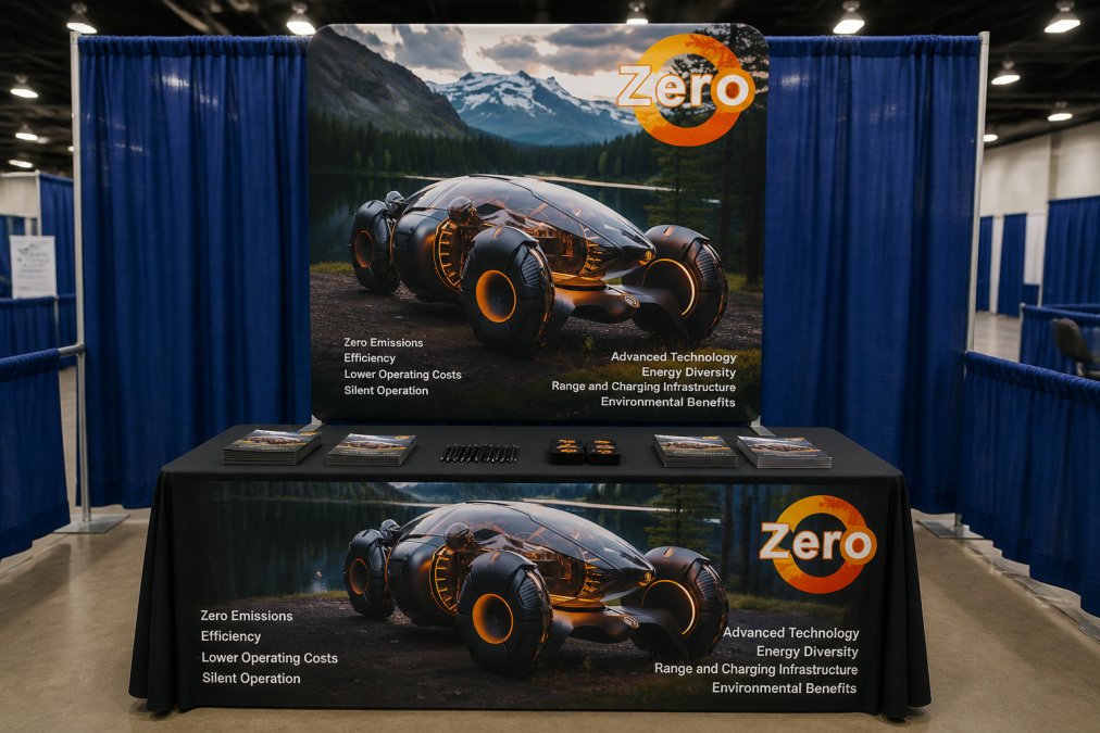 A trade show booth with a custom printed table cover displaying a company logo in full color, a tension fabric backdrop behind the table, and branded promotional materials arranged neatly on the table surface under bright conference hall lighting