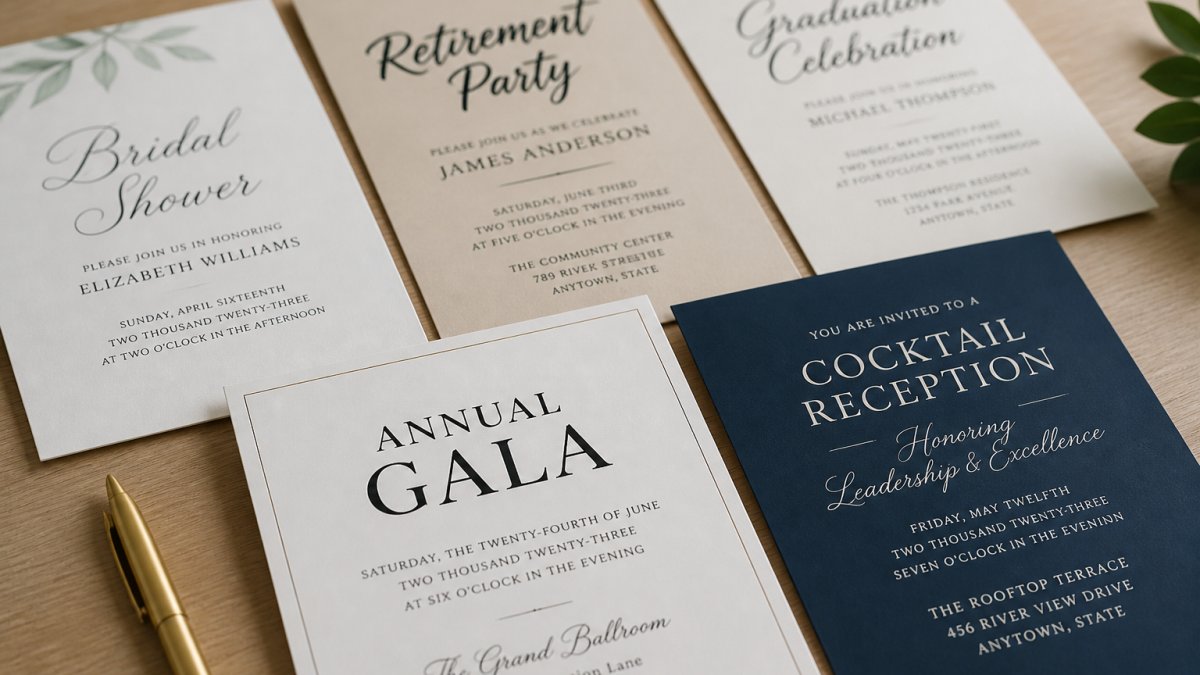 Close-up of printed invitation cards with elegant typography displayed on a light wooden desk, showing multiple font styles and sizes in different design layouts