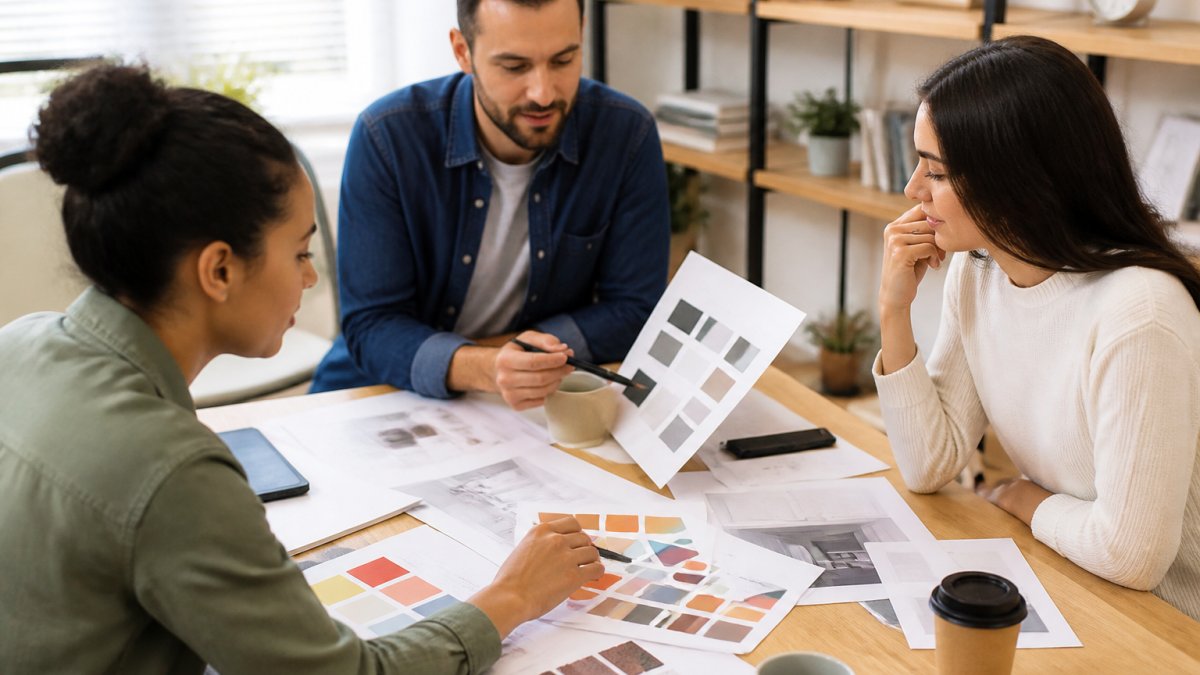 Design team reviewing logo sketches and color swatches during a municipal branding project process