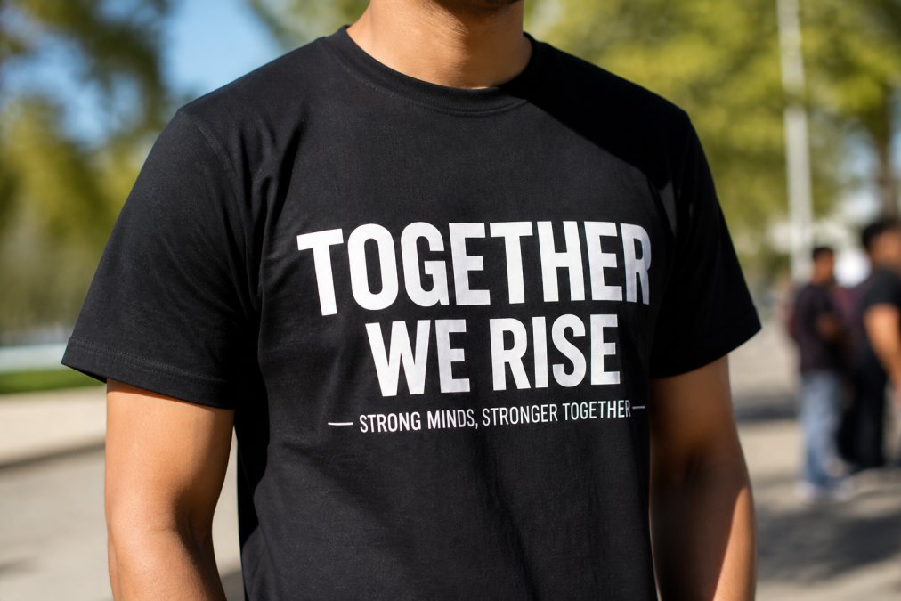 Close-up of a printed group shirt displaying crisp, readable typography with a bold primary tagline in a modern sans-serif font and secondary text beneath it, worn by someone in bright natural outdoor sunlight