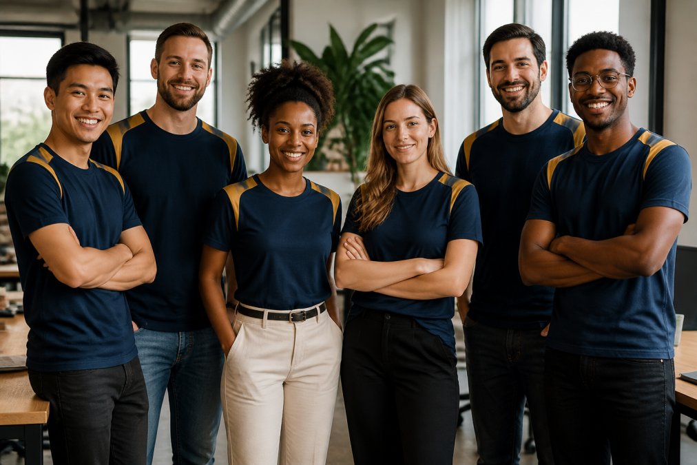 A diverse group of professionals wearing matching custom-designed corporate team shirts in coordinated navy and gold colors, standing together in an office setting with natural light from windows, displaying their unified brand identity and team cohesion