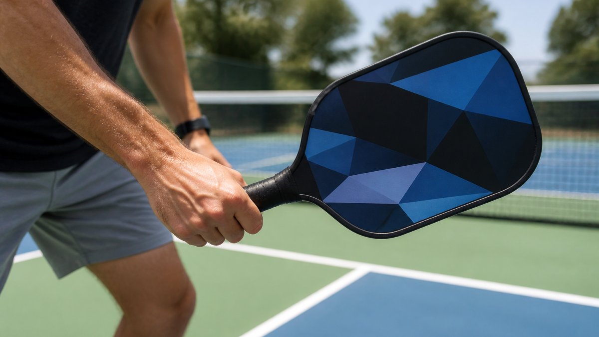 Close-up of a custom pickleball paddle being held during active play, showing the paddle face with custom graphics, edge guard, and grip in action on a court with natural outdoor lighting