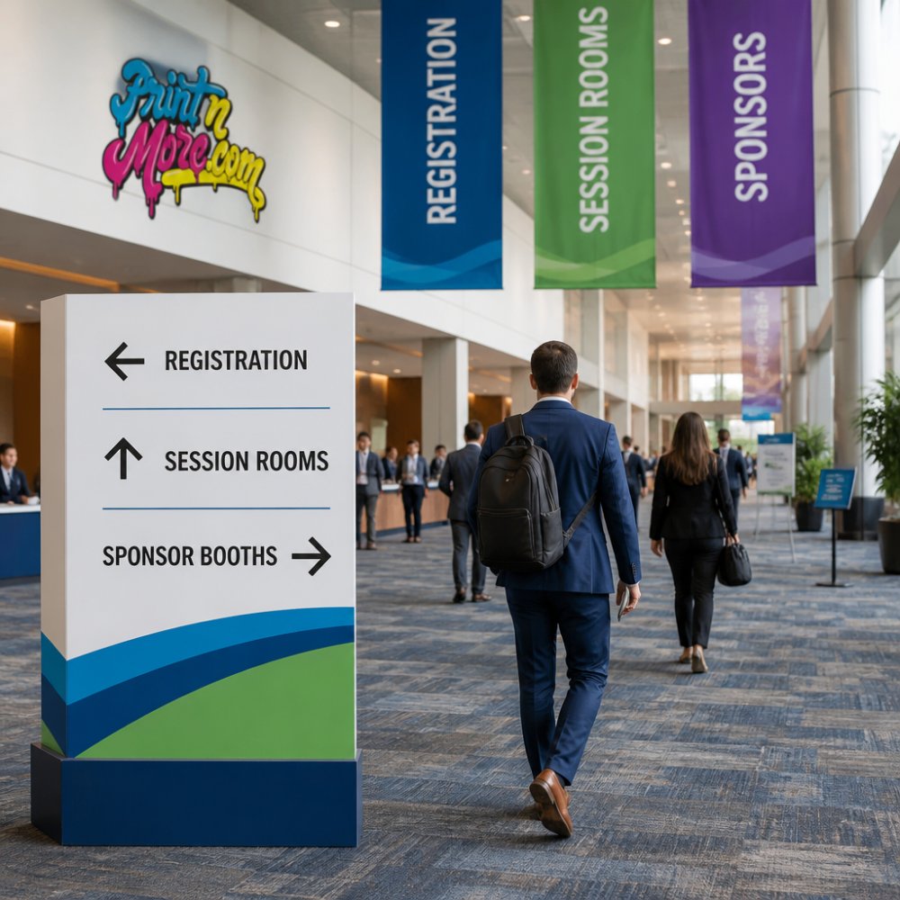 Professional event venue with multiple directional signs and entrance banners positioned throughout a conference floor, showing attendees navigating between registration desk, session rooms, and sponsor booths with clear wayfinding signage