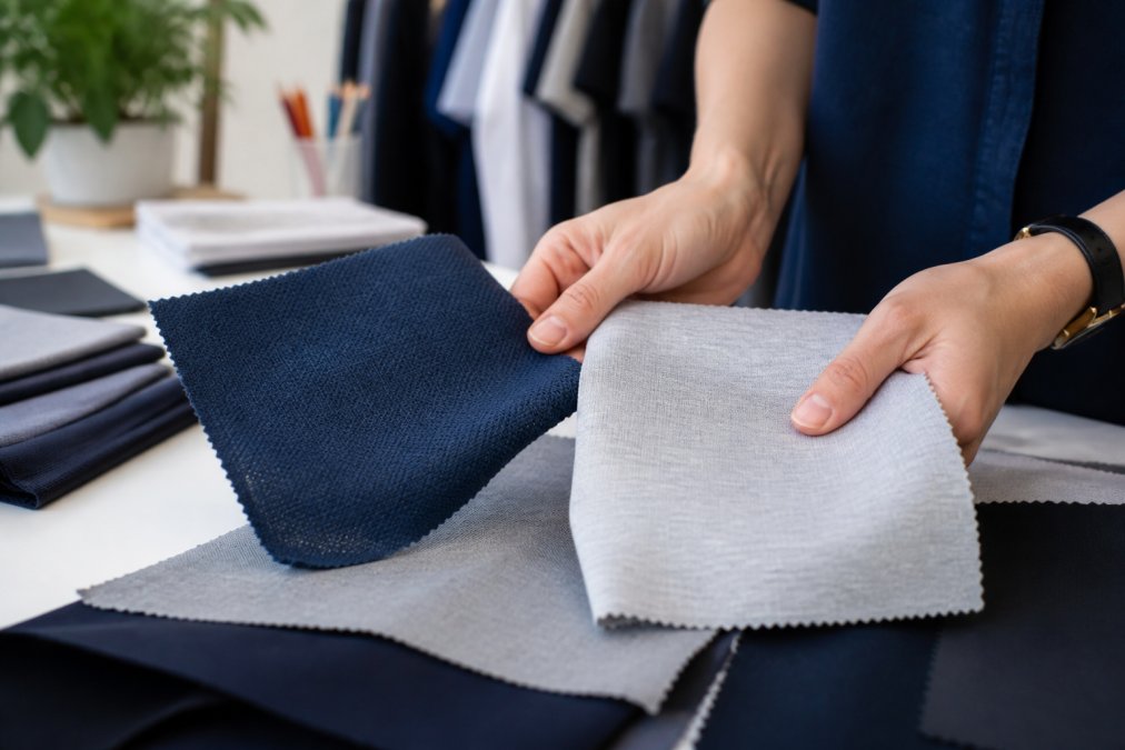 Close-up of hands comparing two fabric swatches, one moisture-wicking polyester and one cotton blend, in a bright design studio