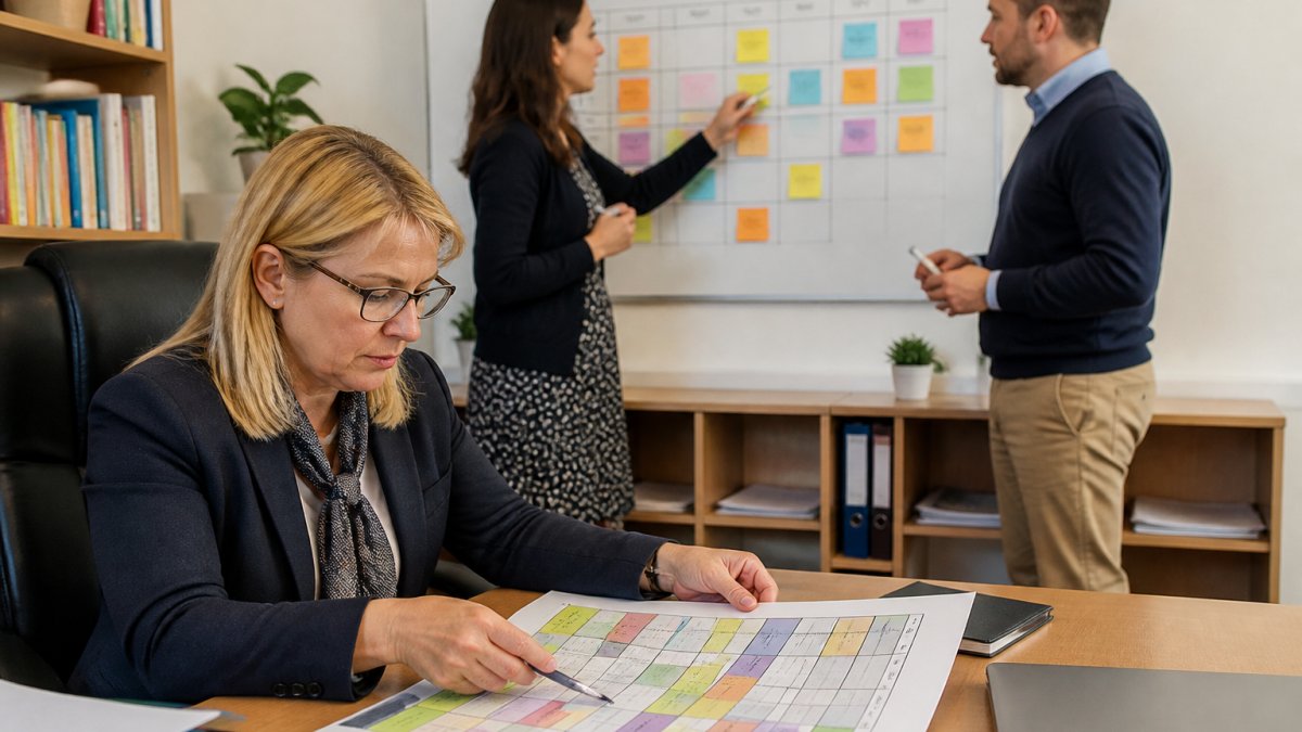 School administrator seated at desk reviewing printed timetable grid with multiple colour-coded columns, while two teachers stand nearby discussing schedule adjustments on a whiteboard showing class allocations in background