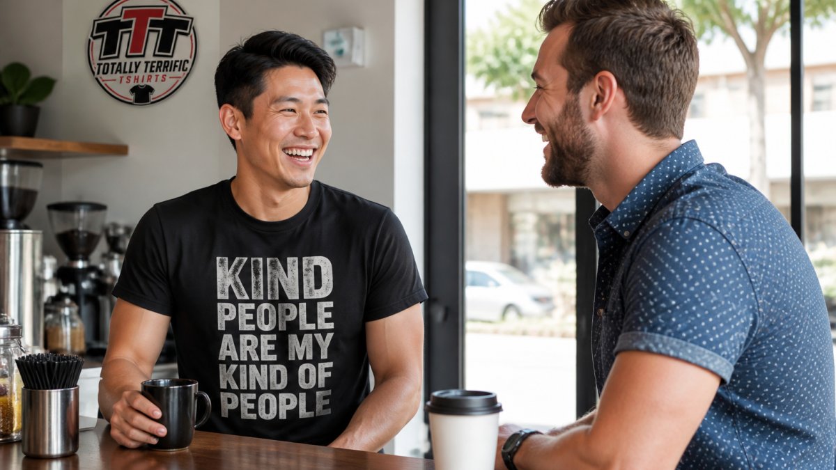 Two strangers laughing and talking at a coffee shop counter, one wearing a graphic t-shirt with a bold text design, natural daylight, candid moment