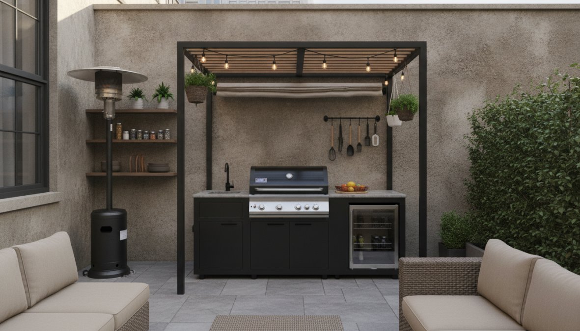 Overhead view of a compact backyard patio with a linear outdoor kitchen island featuring a built-in grill, stainless steel countertop, and adjacent seating area on a small concrete pad