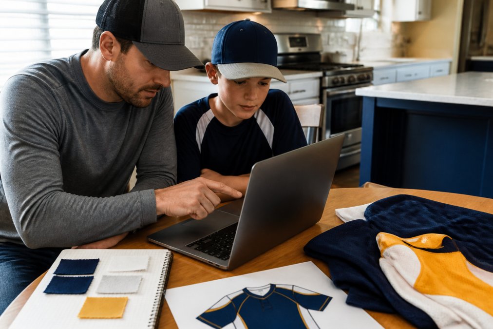 Parent and athlete using software to design team jerseys on a laptop with color notes and logo sketches.