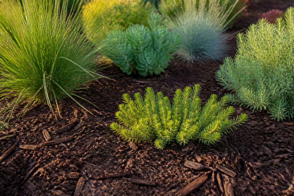 Close-up of a garden bed with a thick 3-inch layer of shredded wood chip mulch surrounding established drought-tolerant plants and ornamental grasses, the mulch showing rich dark color against healthy green foliage, photographed in soft morning light