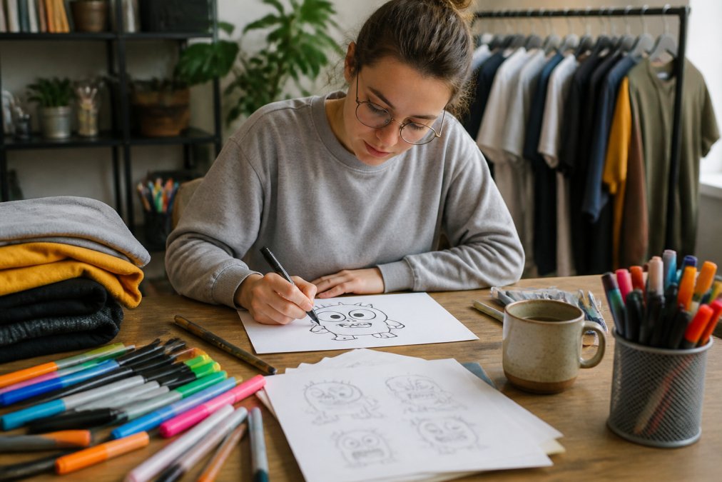 A young adult sitting at a desk with a laptop, sketching a funny t-shirt design on paper, surrounded by colorful markers and a coffee mug