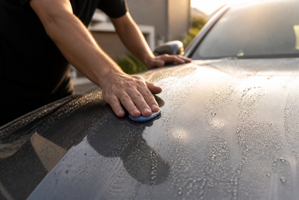 Close-up of hands working clay bar treatment across a vehicle's hood, with water droplets visible and afternoon sunlight illuminating the paint surface