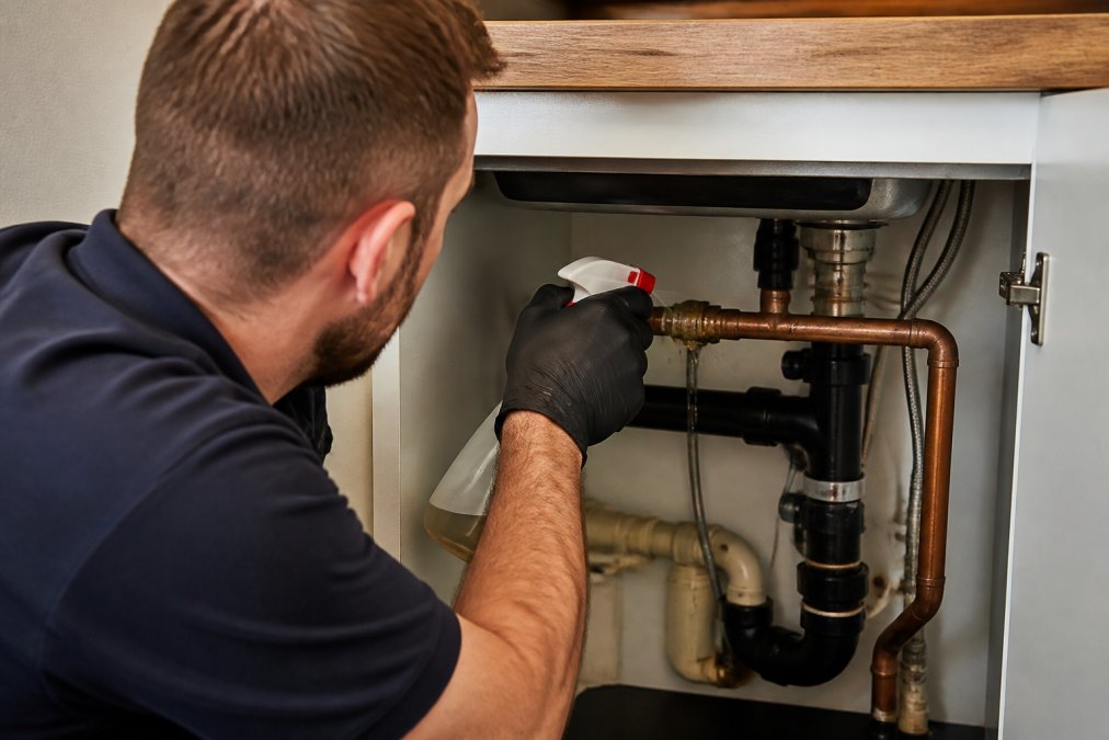 A close-up of a hand holding a spray bottle applying soapy water to a gas pipe joint under a kitchen sink, with small bubbles forming at the connection point, lit by a bright under-cabinet light