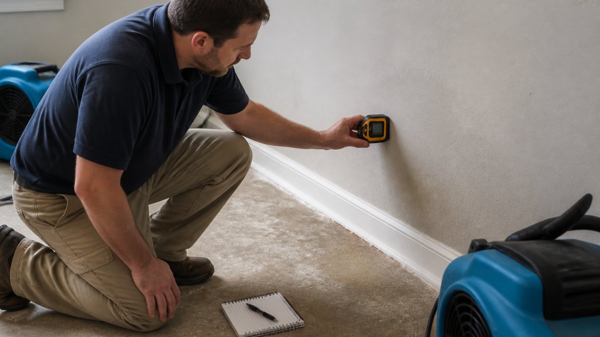 A homeowner kneeling beside a wall, pressing a pin-type moisture meter against the drywall, with a small notebook and pen on the floor nearby