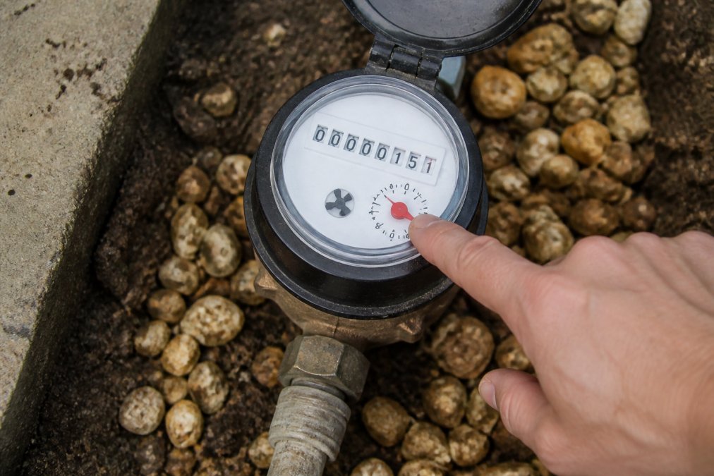 Homeowner's hand pointing to the flow indicator dial on a residential water meter, showing small numbers clearly visible on the dial face in natural daylight