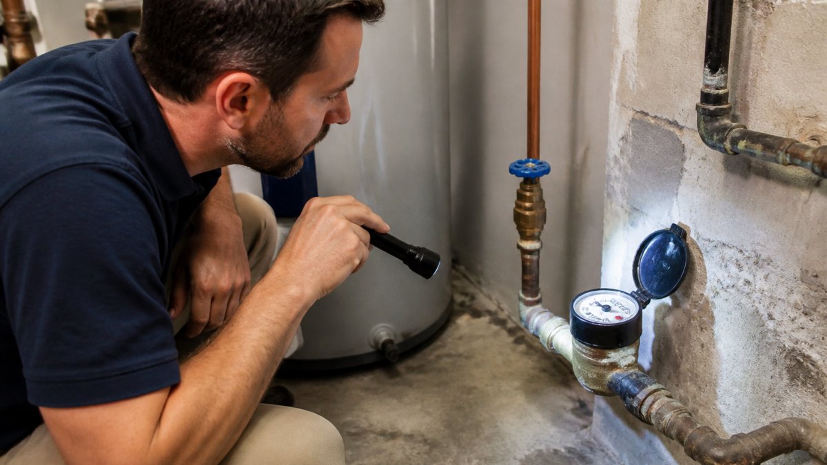 A homeowner crouching in a basement utility area, reading a residential water meter with a flashlight, pipes and shutoff valve visible nearby