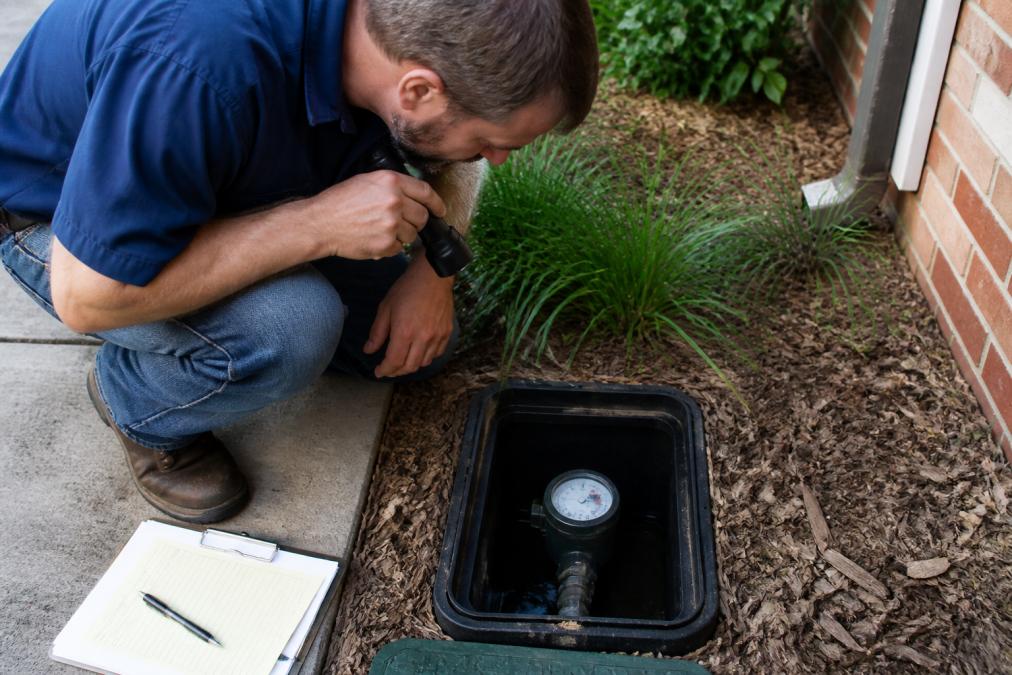 A homeowner crouching in front of an outdoor water meter box, holding a flashlight and examining the dial, with a clipboard and pen nearby on the ground