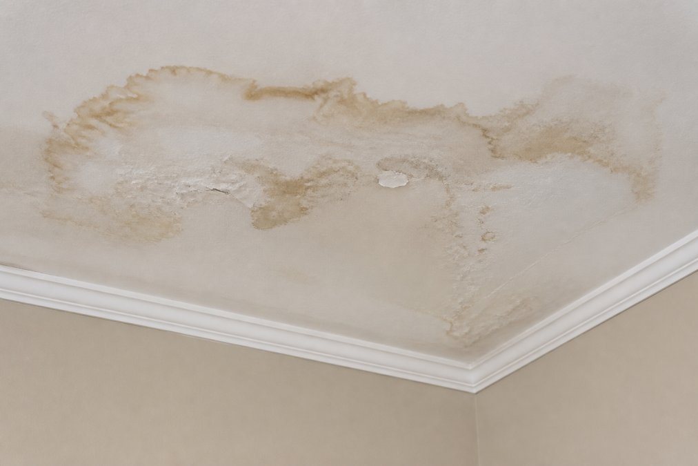 Water-stained ceiling with peeling paint used to help detect roof leaks within the home