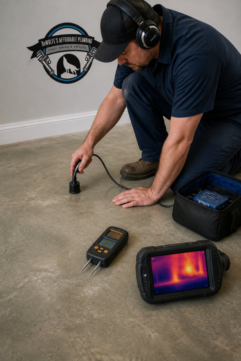 Plumber using acoustic equipment to detect slab leaks on a concrete floor with thermal imaging tools nearby